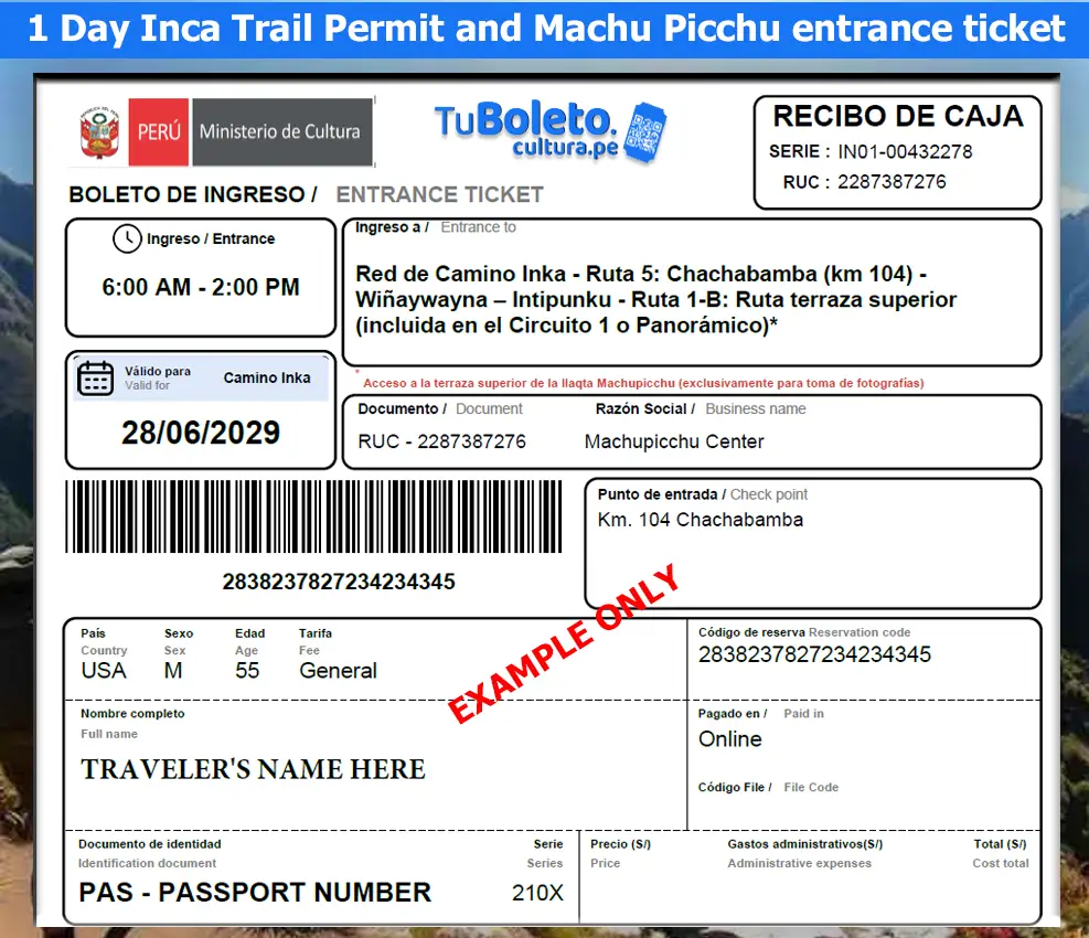 Permissão oficial de 1 dia para a Trilha Inca a partir do KM104 até Machu Picchu (somente ingresso) com Circuito 1C Porta do Sol, Circuito 1B Terraço Superior e Circuito 3B Templos da Realeza