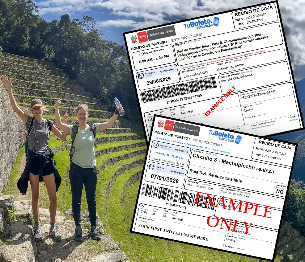 Permissão oficial de 2 dias Permissão para a Trilha Inca do KM104 até o ingresso para Machu Picchu, com o Circuito 1C (Portão do Sol) e o Circuito 1B (Terraço Superior) inclusos no Dia 1, além do Circuito 3B (Templos da Realeza) no Dia 2. <i class=